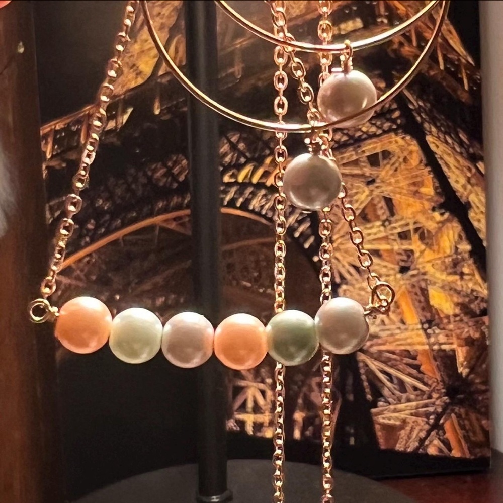 Rose gold plated pearl necklace earrings set, colorful faux pearls, hoops